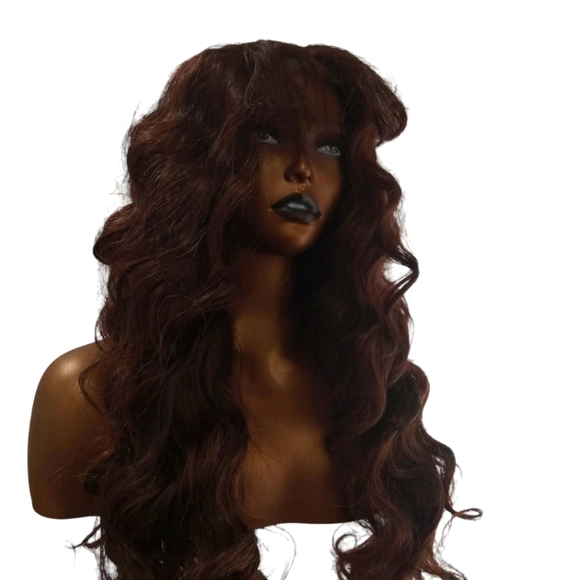 Long wavy human hair blend wig with bangs